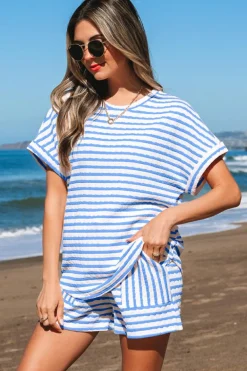 Hot Dear-Lover Knitted Short Sleeve Top and Drawstring Shorts Set Sky Blue Stripe