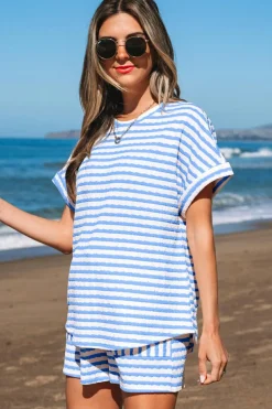 Hot Dear-Lover Knitted Short Sleeve Top and Drawstring Shorts Set Sky Blue Stripe