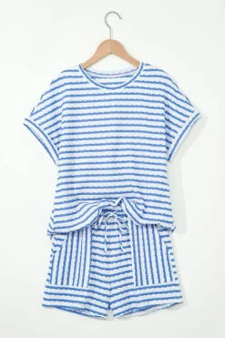 Hot Dear-Lover Knitted Short Sleeve Top and Drawstring Shorts Set Sky Blue Stripe