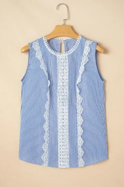 New Dear-Lover Lace Patchwork Crew Neck Tank Top Sky Blue Stripe