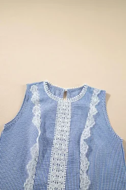 New Dear-Lover Lace Patchwork Crew Neck Tank Top Sky Blue Stripe
