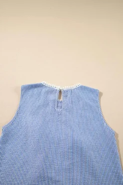 New Dear-Lover Lace Patchwork Crew Neck Tank Top Sky Blue Stripe