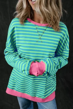 Discount Dear-Lover Oversized Contrast Trim Pullover Sweatshirt Sky Blue Stripe