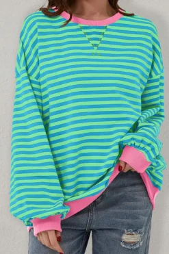 Discount Dear-Lover Oversized Contrast Trim Pullover Sweatshirt Sky Blue Stripe