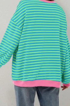 Discount Dear-Lover Oversized Contrast Trim Pullover Sweatshirt Sky Blue Stripe