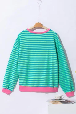 Discount Dear-Lover Oversized Contrast Trim Pullover Sweatshirt Sky Blue Stripe