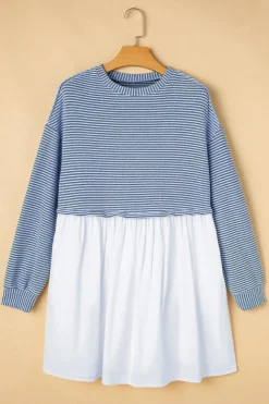 Online Dear-Lover Patchwork Pleated High Waist Loose Mini Dress Sky Blue Stripe