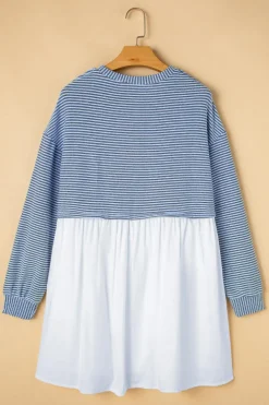 Online Dear-Lover Patchwork Pleated High Waist Loose Mini Dress Sky Blue Stripe