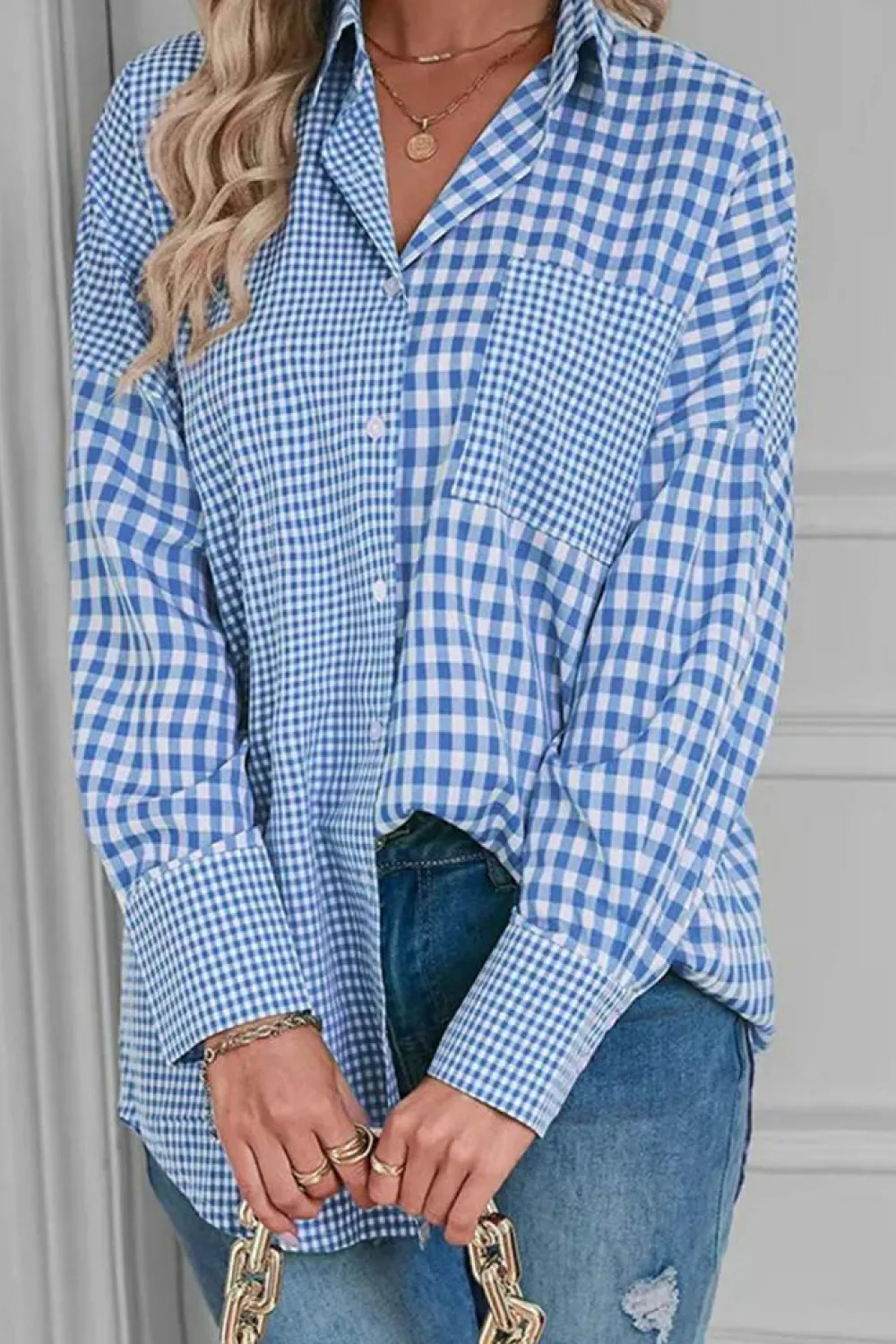 Outlet Dear-Lover Plaid Patchwork Button up Long Sleeve Shirt Sky Blue Stripe