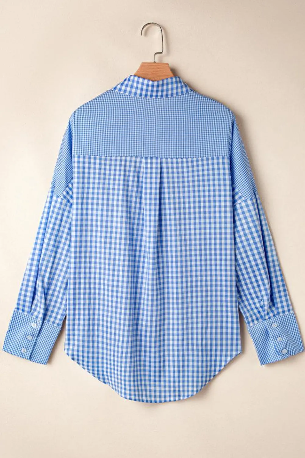 Outlet Dear-Lover Plaid Patchwork Button up Long Sleeve Shirt Sky Blue Stripe