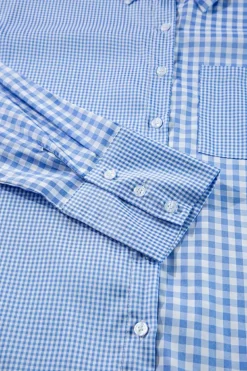 Outlet Dear-Lover Plaid Patchwork Button up Long Sleeve Shirt Sky Blue Stripe
