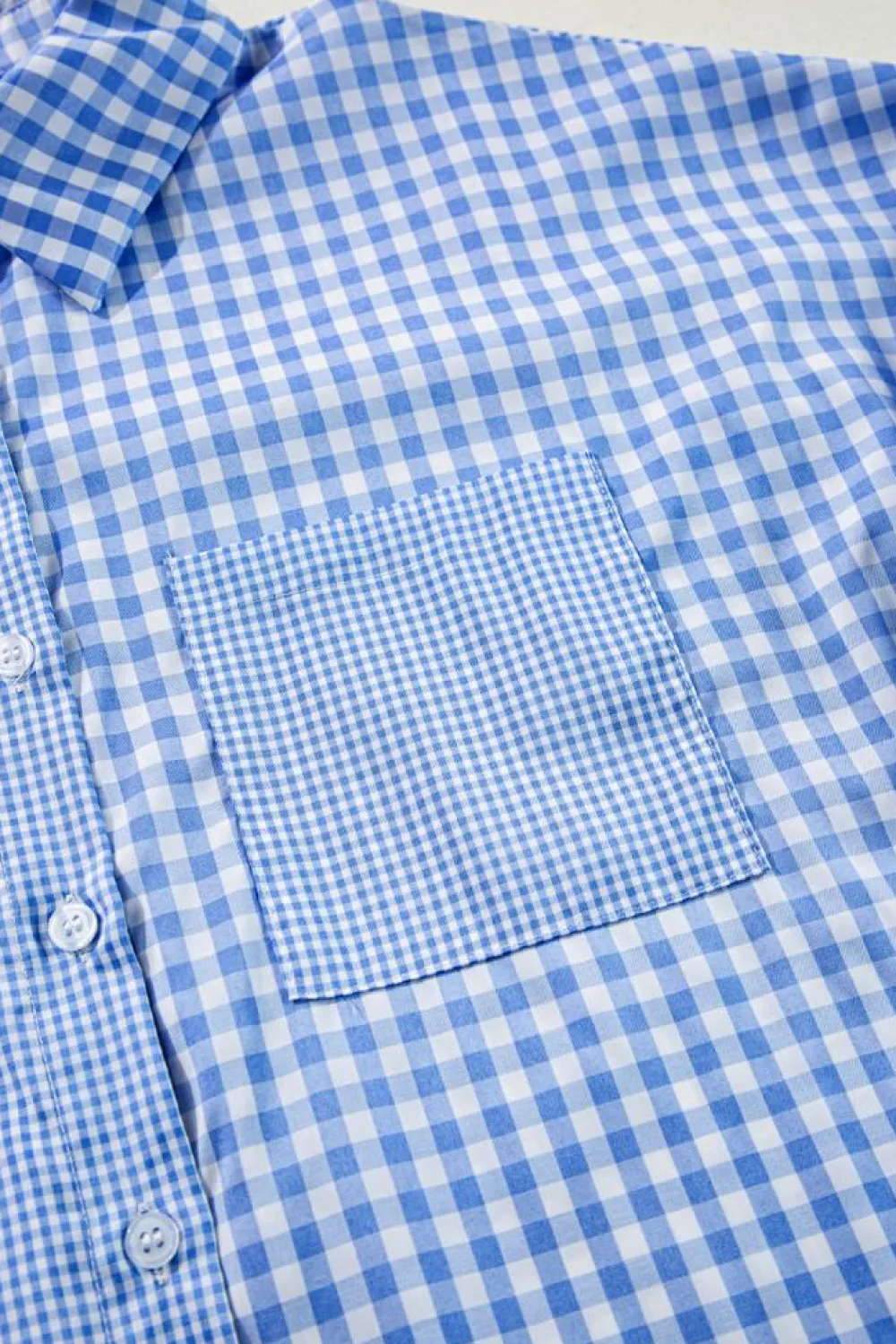 Outlet Dear-Lover Plaid Patchwork Button up Long Sleeve Shirt Sky Blue Stripe