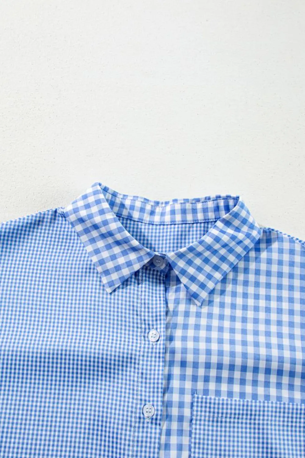 Outlet Dear-Lover Plaid Patchwork Button up Long Sleeve Shirt Sky Blue Stripe