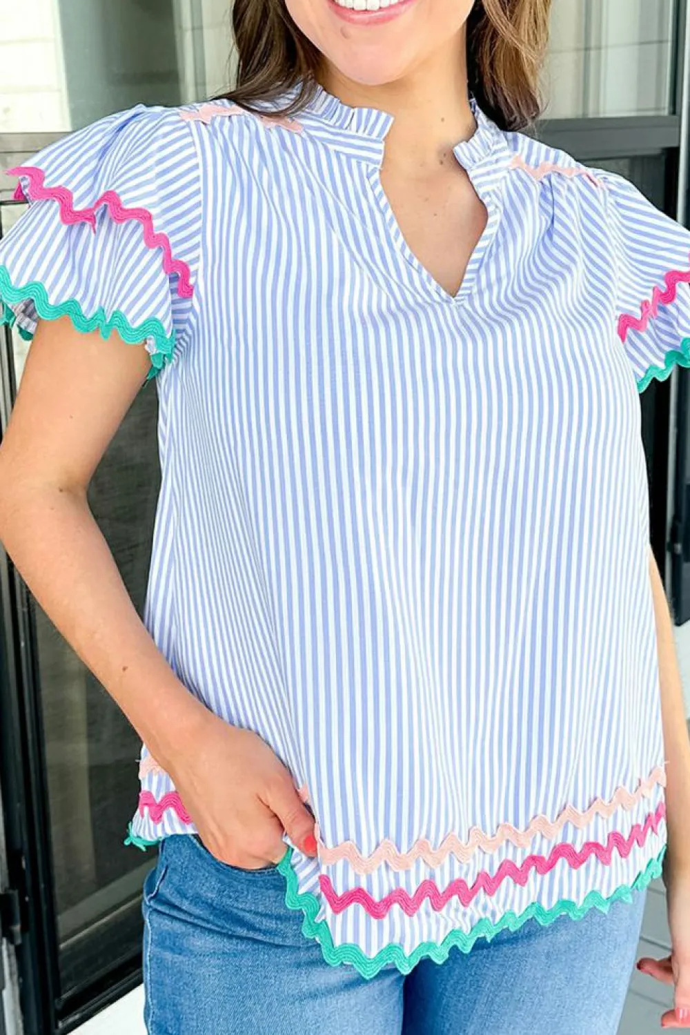New Dear-Lover Ricrac Trim Split Neck Striped Ruffled Sleeve Blouse Sky Blue Stripe