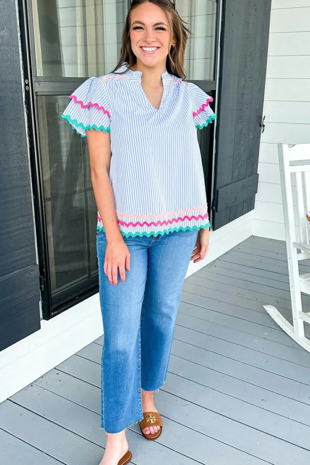 New Dear-Lover Ricrac Trim Split Neck Striped Ruffled Sleeve Blouse Sky Blue Stripe