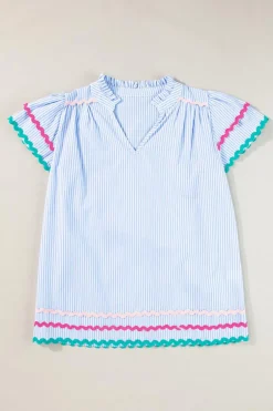 New Dear-Lover Ricrac Trim Split Neck Striped Ruffled Sleeve Blouse Sky Blue Stripe