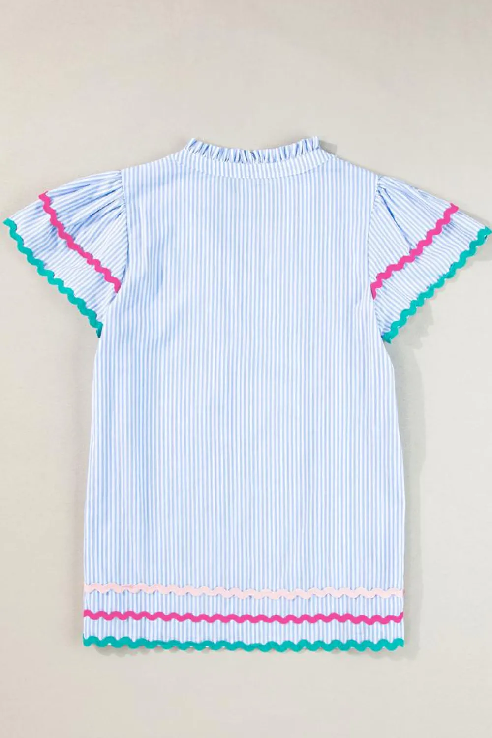 New Dear-Lover Ricrac Trim Split Neck Striped Ruffled Sleeve Blouse Sky Blue Stripe