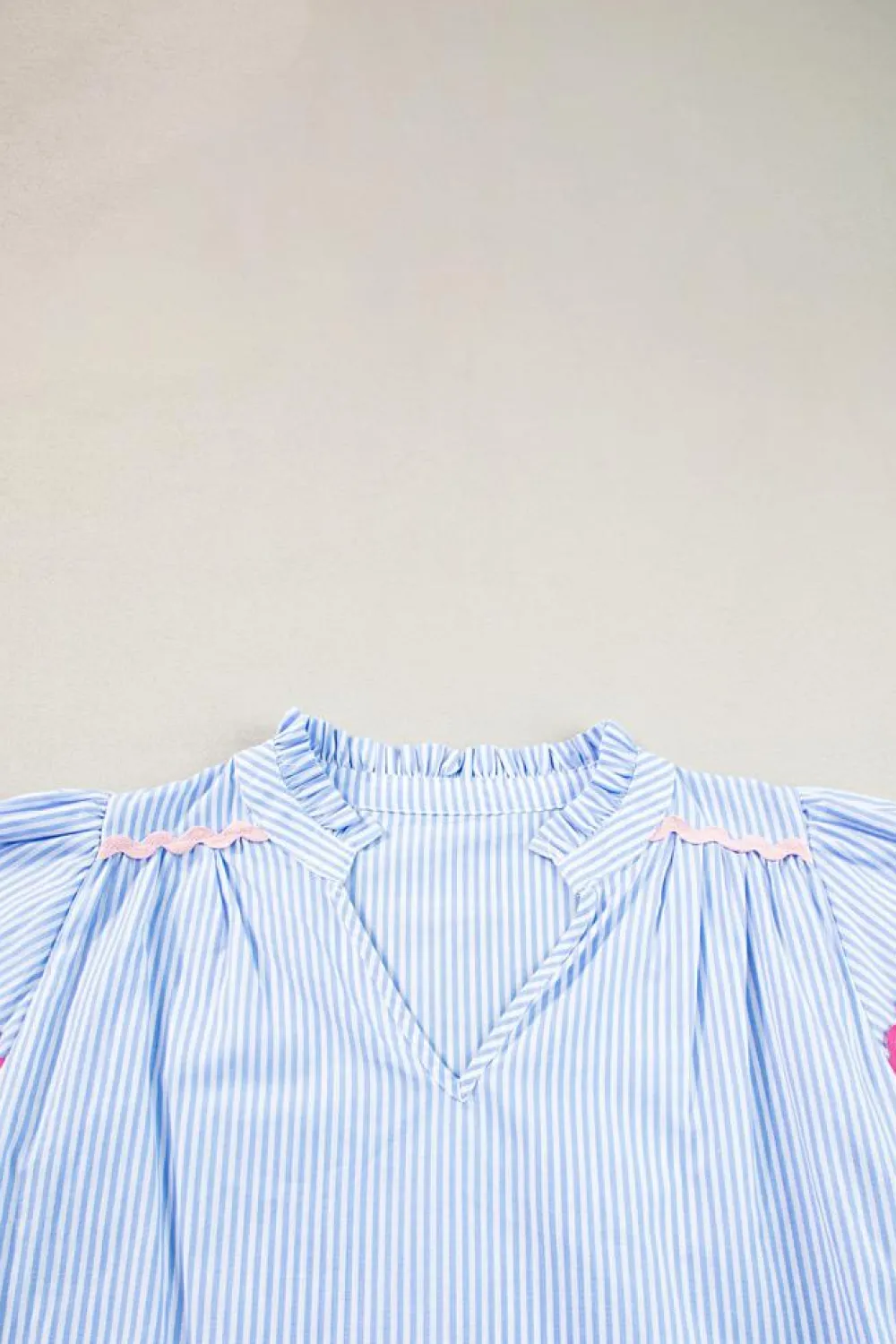 New Dear-Lover Ricrac Trim Split Neck Striped Ruffled Sleeve Blouse Sky Blue Stripe