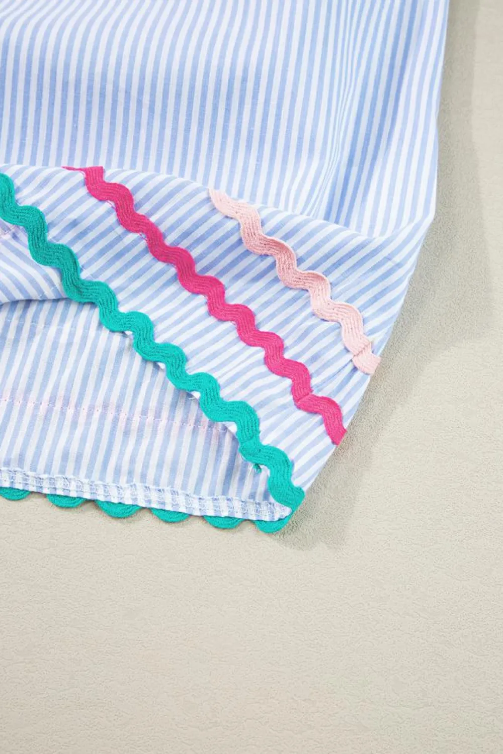 New Dear-Lover Ricrac Trim Split Neck Striped Ruffled Sleeve Blouse Sky Blue Stripe