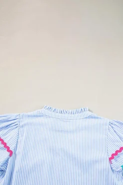 New Dear-Lover Ricrac Trim Split Neck Striped Ruffled Sleeve Blouse Sky Blue Stripe