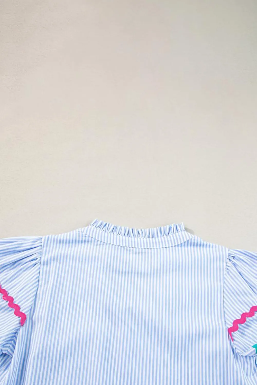 New Dear-Lover Ricrac Trim Split Neck Striped Ruffled Sleeve Blouse Sky Blue Stripe