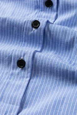 Clearance Dear-Lover Roll-tab Sleeve Pocketed Long Shirt Sky Blue Stripe