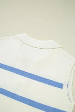 Discount Dear-Lover Split V Neck Collared Ribbed Sweater Vest Sky Blue Stripe