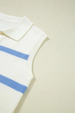Discount Dear-Lover Split V Neck Collared Ribbed Sweater Vest Sky Blue Stripe