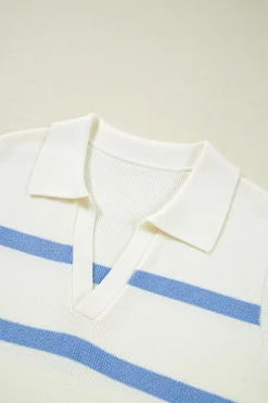 Discount Dear-Lover Split V Neck Collared Ribbed Sweater Vest Sky Blue Stripe