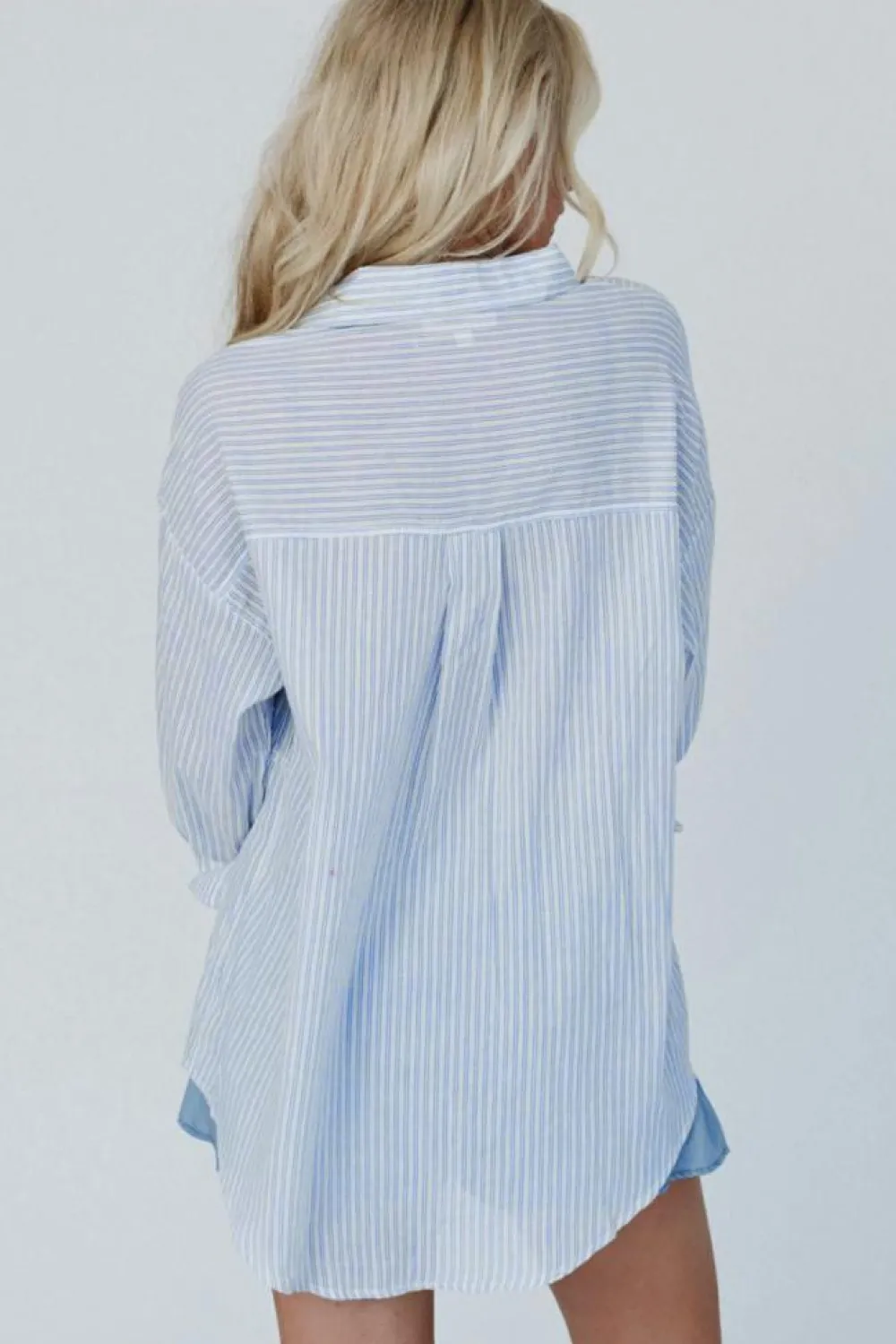 Hot Dear-Lover Striped Buttoned up Long Sleeve Shirt Sky Blue Stripe
