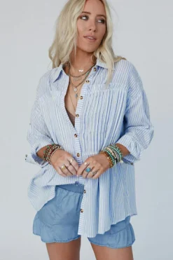 Hot Dear-Lover Striped Buttoned up Long Sleeve Shirt Sky Blue Stripe
