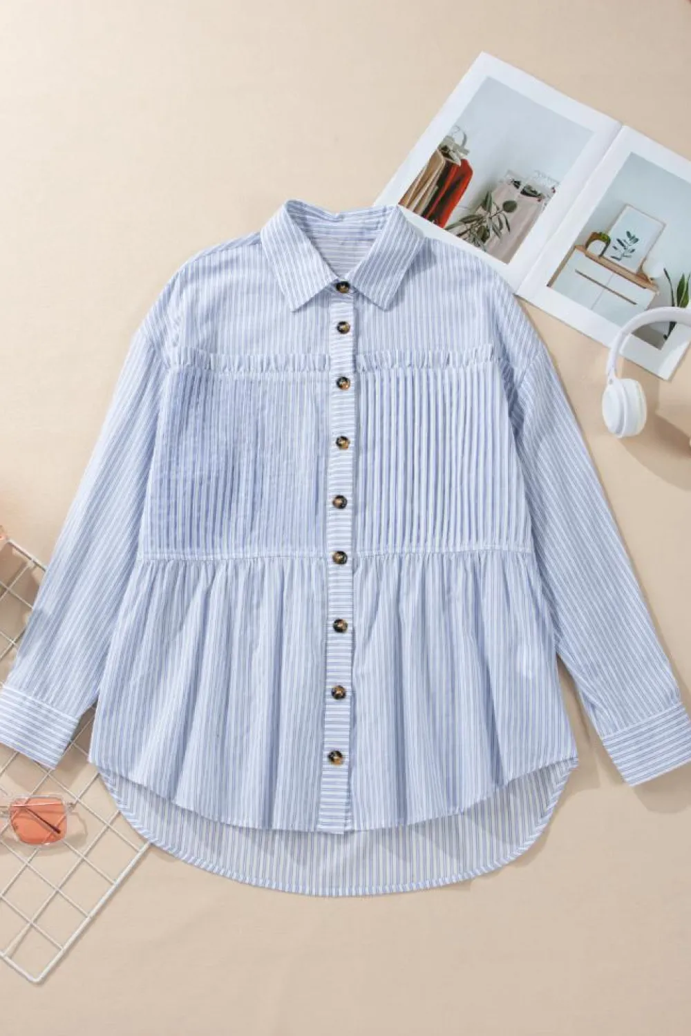 Hot Dear-Lover Striped Buttoned up Long Sleeve Shirt Sky Blue Stripe