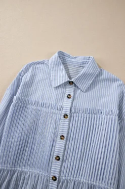 Hot Dear-Lover Striped Buttoned up Long Sleeve Shirt Sky Blue Stripe