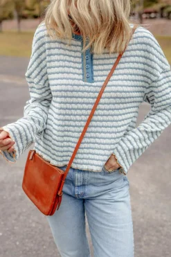 Online Dear-Lover Textured Frilly Trim Buttons Henley Long Sleeve Top Sky Blue Stripe
