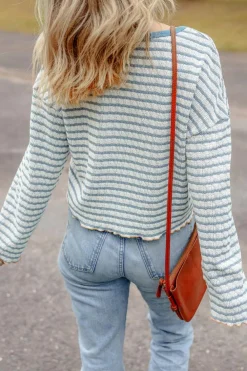 Online Dear-Lover Textured Frilly Trim Buttons Henley Long Sleeve Top Sky Blue Stripe