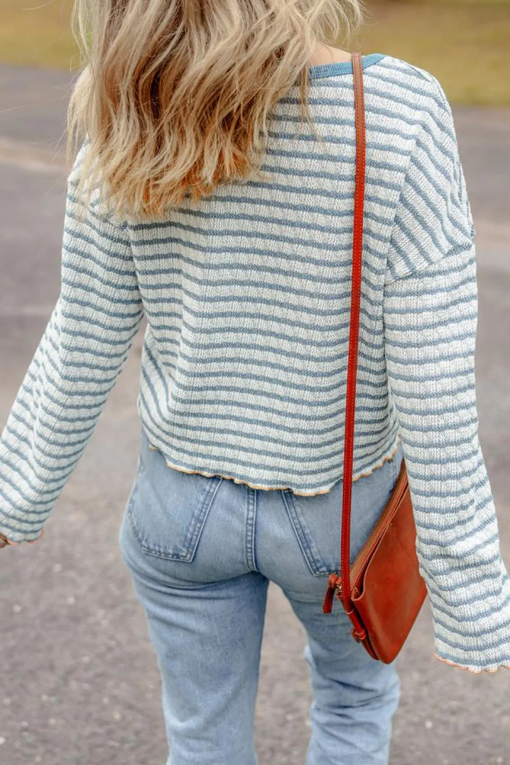 Online Dear-Lover Textured Frilly Trim Buttons Henley Long Sleeve Top Sky Blue Stripe