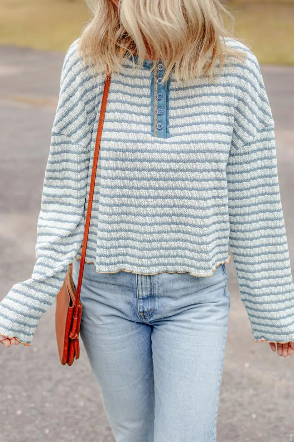 Online Dear-Lover Textured Frilly Trim Buttons Henley Long Sleeve Top Sky Blue Stripe