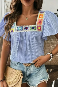 Sale Dear-Lover Textured Ruffle Short Sleeve Boho Detail Square Neck Blouse Sky Blue Stripe