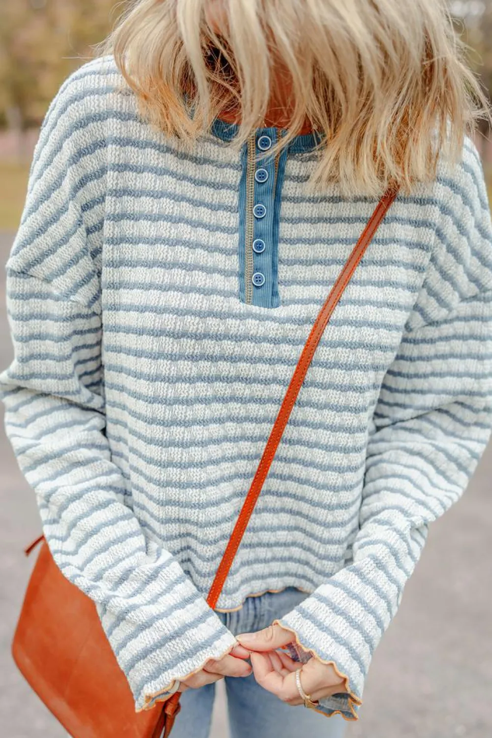 Online Dear-Lover Textured Frilly Trim Buttons Henley Long Sleeve Top Sky Blue Stripe