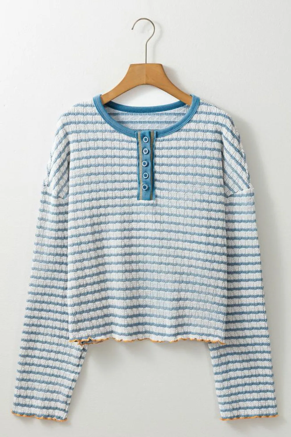 Online Dear-Lover Textured Frilly Trim Buttons Henley Long Sleeve Top Sky Blue Stripe