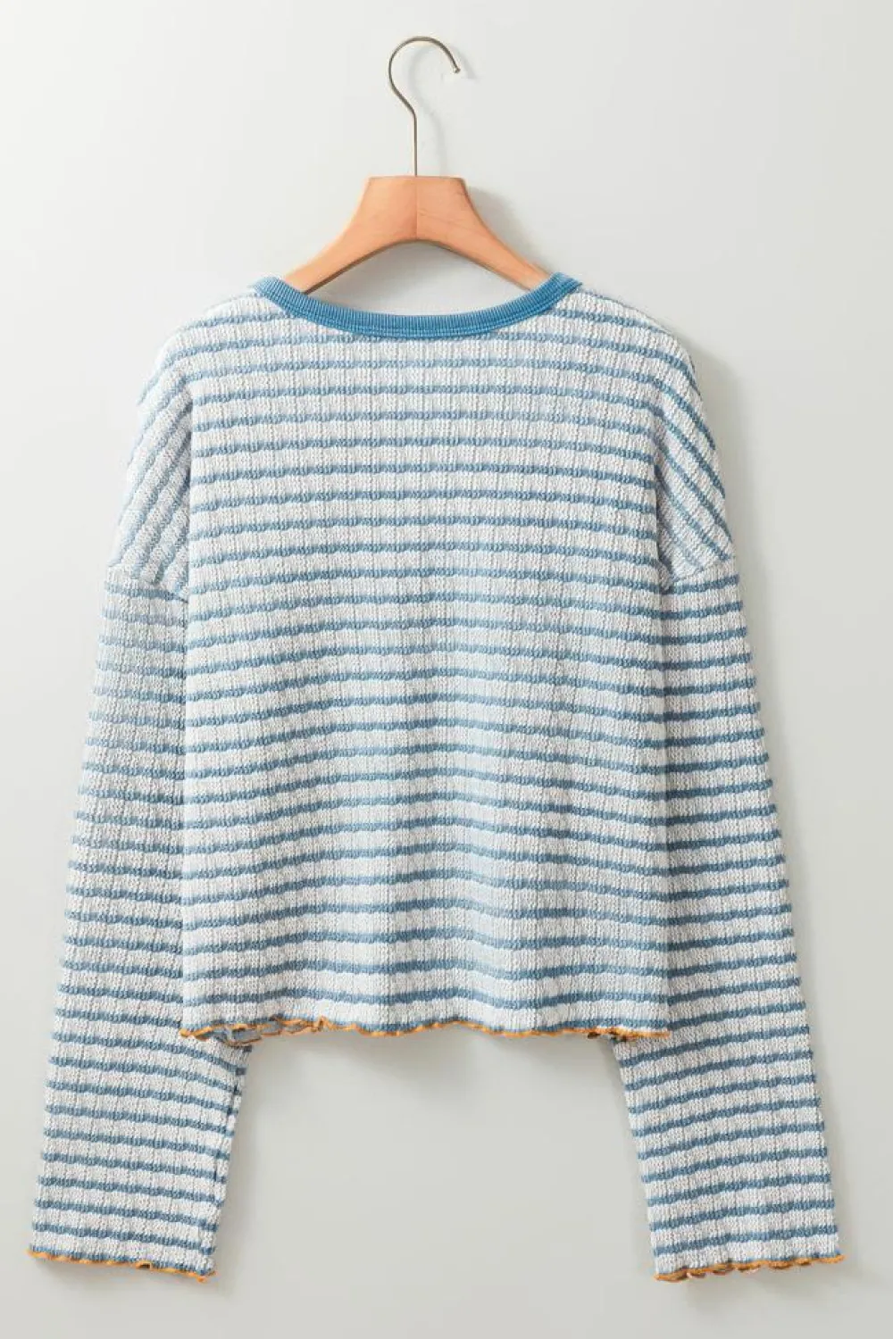 Online Dear-Lover Textured Frilly Trim Buttons Henley Long Sleeve Top Sky Blue Stripe