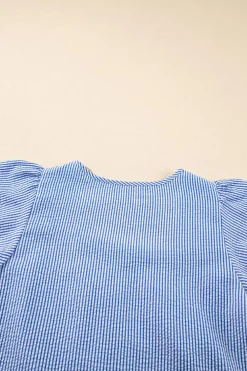 Sale Dear-Lover Textured Ruffle Short Sleeve Boho Detail Square Neck Blouse Sky Blue Stripe