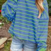 Hot Dear-Lover Trimmed Round Neck Drop Shoulder Loose Sweater Sky Blue Stripe