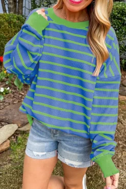 Hot Dear-Lover Trimmed Round Neck Drop Shoulder Loose Sweater Sky Blue Stripe