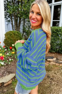 Hot Dear-Lover Trimmed Round Neck Drop Shoulder Loose Sweater Sky Blue Stripe