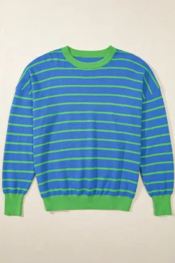 Hot Dear-Lover Trimmed Round Neck Drop Shoulder Loose Sweater Sky Blue Stripe
