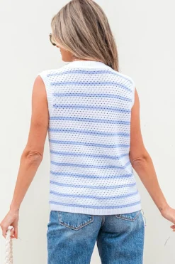 Discount Dear-Lover V Neck Gold Buttons Elegant Sweater Vest Sky Blue Stripe