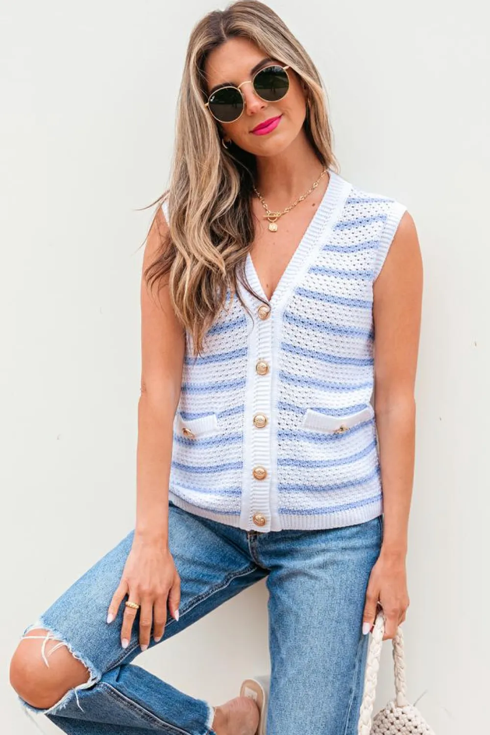 Discount Dear-Lover V Neck Gold Buttons Elegant Sweater Vest Sky Blue Stripe