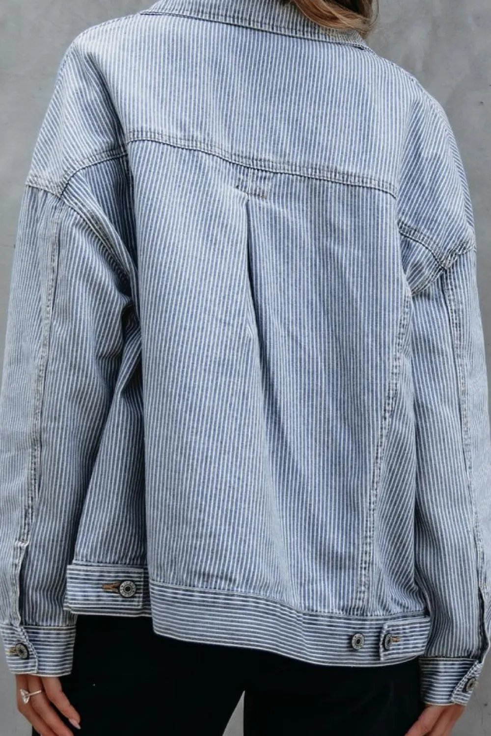 Hot Dear-Lover Washed Oversize Pocketed Denim Jacket Sky Blue Stripe