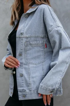 Hot Dear-Lover Washed Oversize Pocketed Denim Jacket Sky Blue Stripe